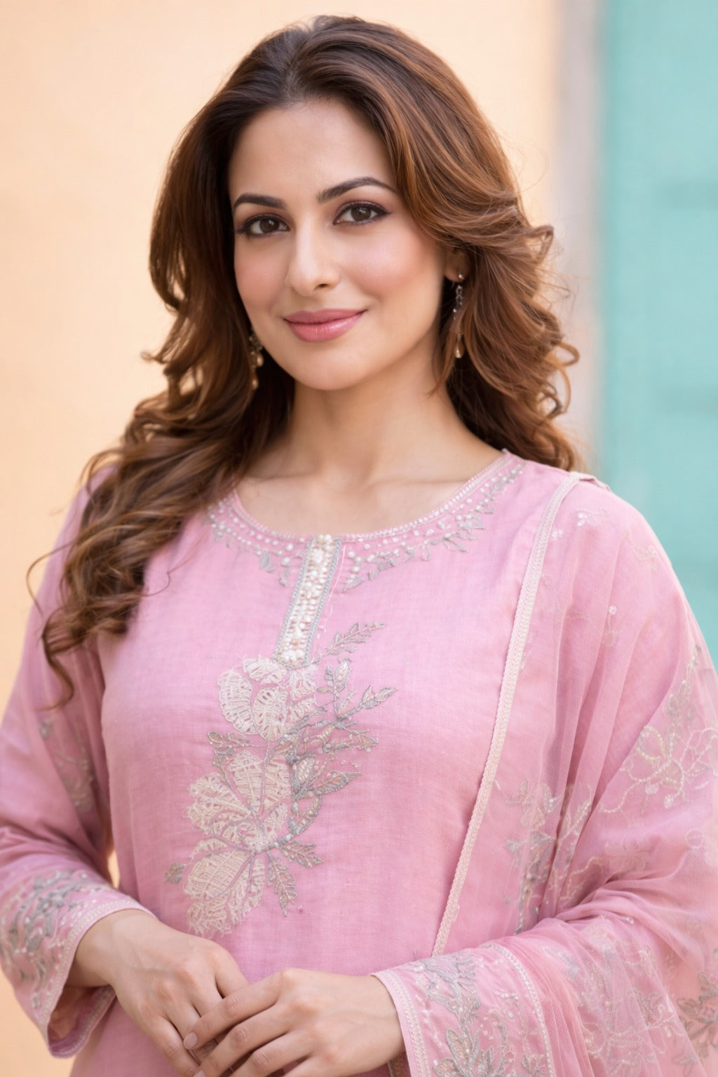 Unstitched pink embroidered cotton slub suit set with dupatta