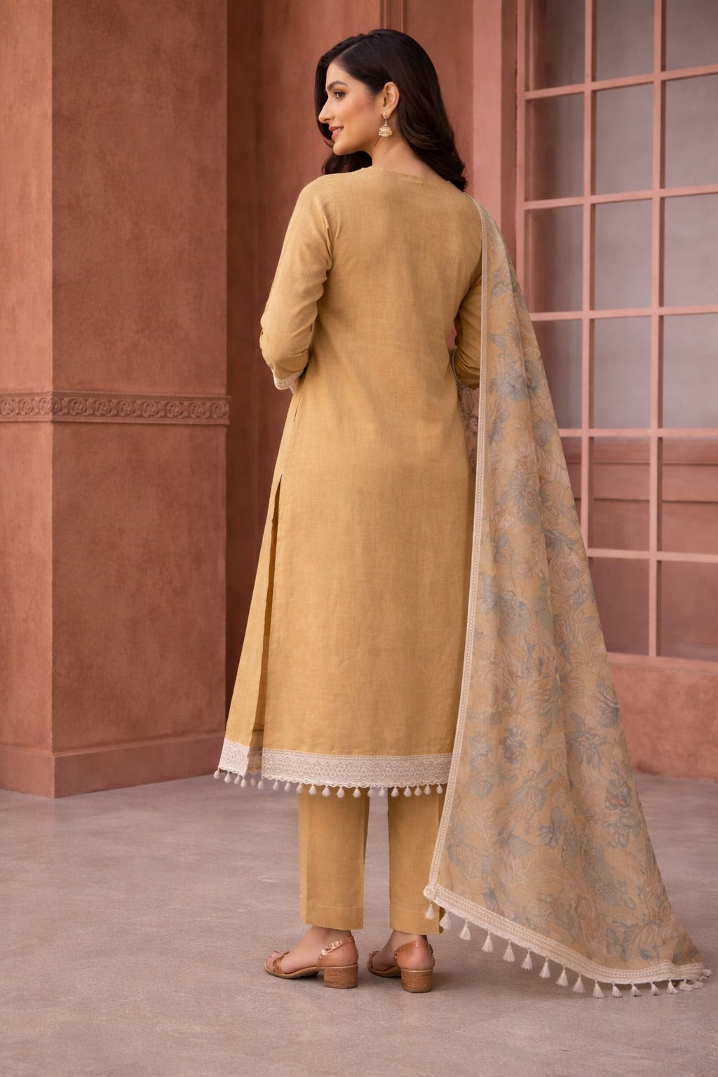 Unstitched yellow embroidered cotton slub suit set with dupatta
