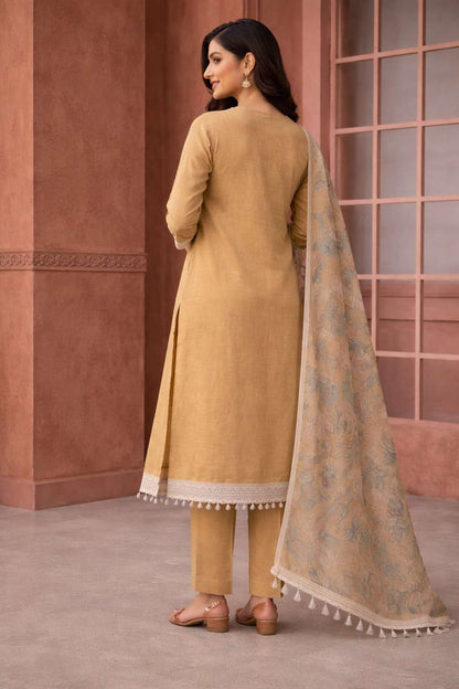 Unstitched yellow embroidered cotton slub suit set with dupatta