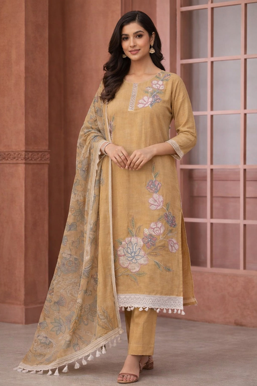 Unstitched yellow embroidered cotton slub suit set with dupatta