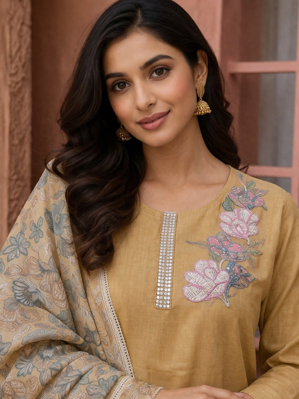 Unstitched yellow embroidered cotton slub suit set with dupatta