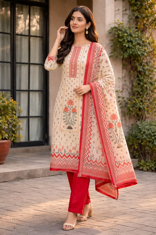 Unstitched pink printed cotton suit set with dupatta