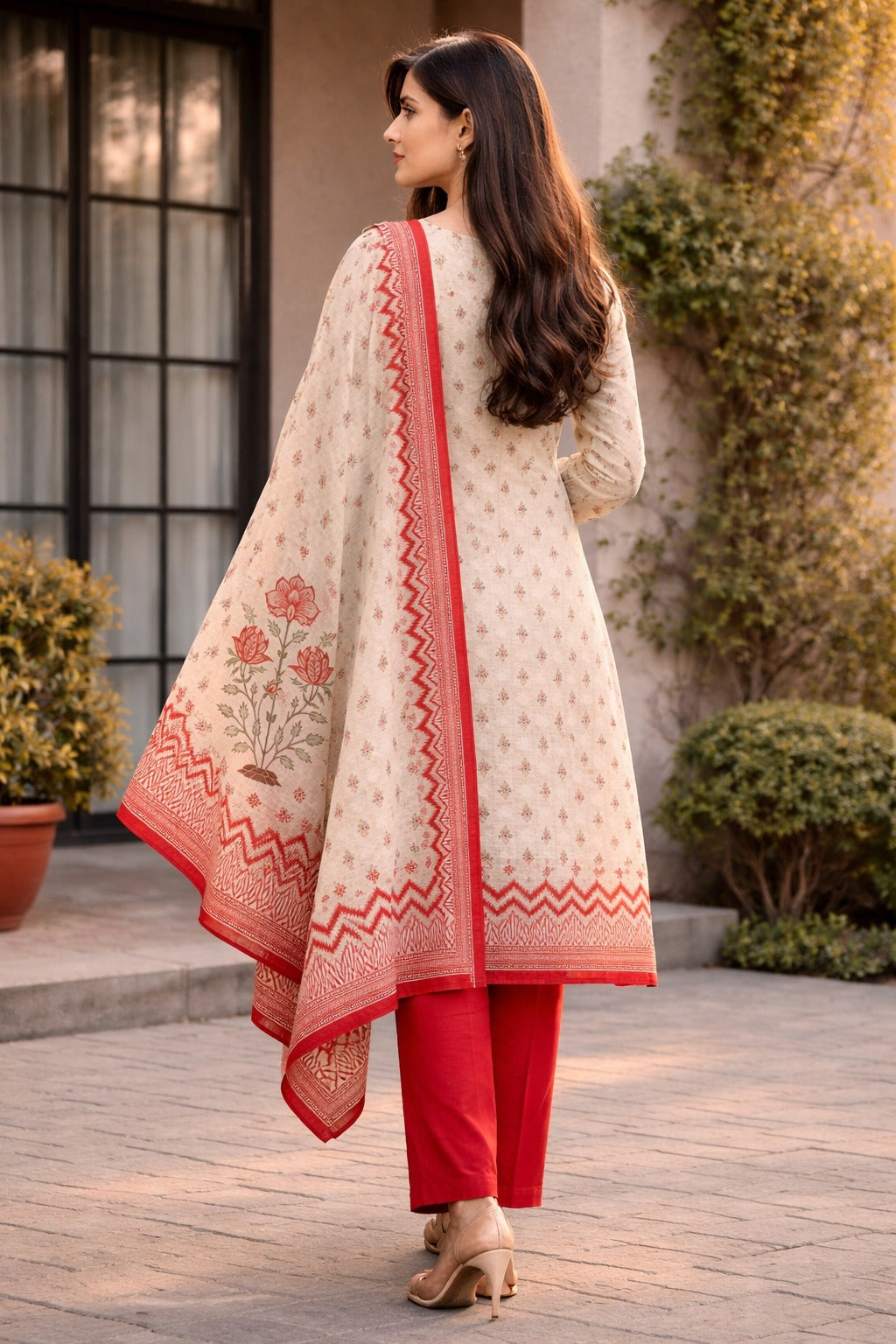 Unstitched pink printed cotton suit set with dupatta