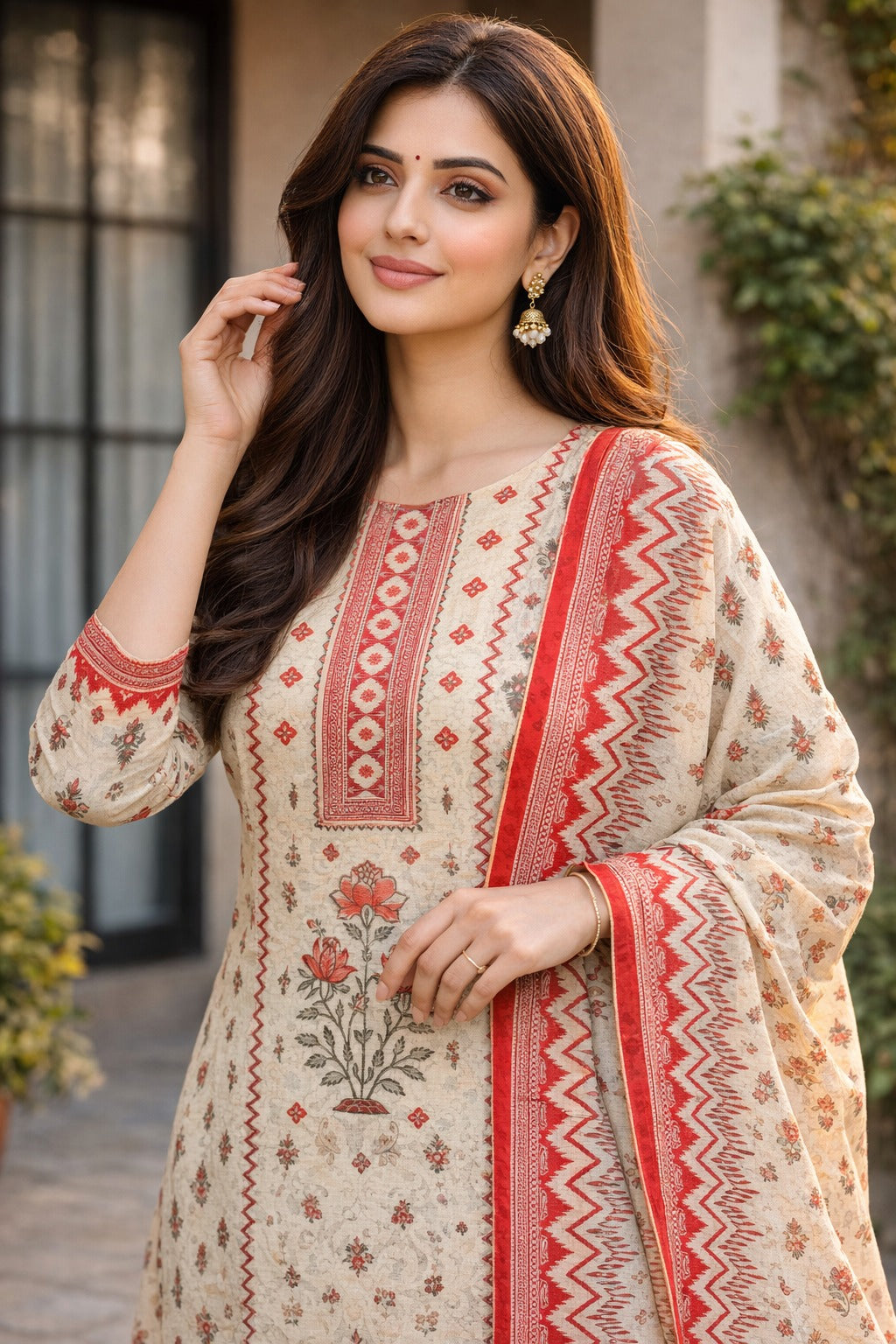 Unstitched pink printed cotton suit set with dupatta