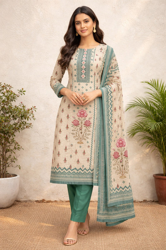 Unstitched green printed cotton suit with dupatta
