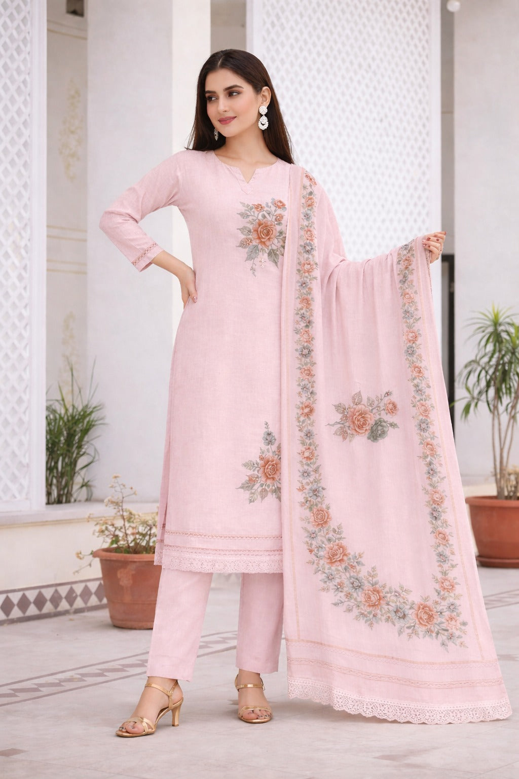 Unstitched light pink cotton floral printed suit set with dupatta