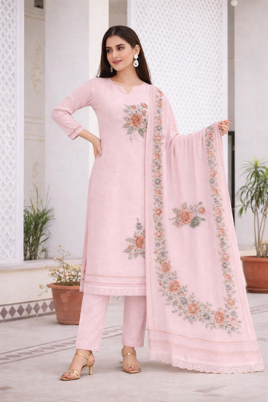 Unstitched light pink cotton floral printed suit set with dupatta
