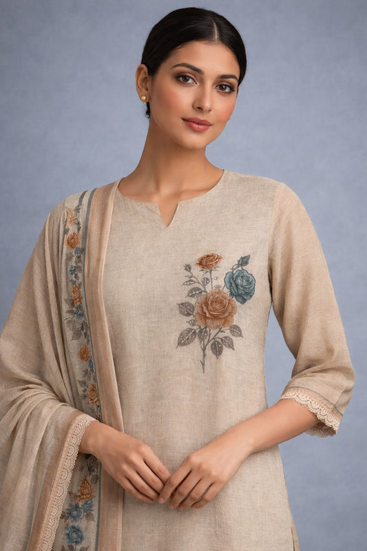 Unstitched light brown cotton floral printed suit set with dupatta