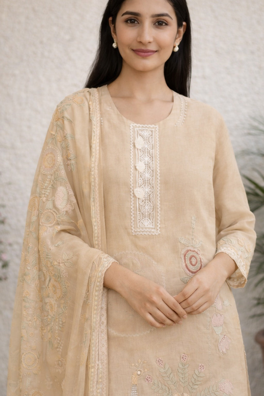 Unstitched Brown embroidered with artistic printed cotton suit set  with dupatta