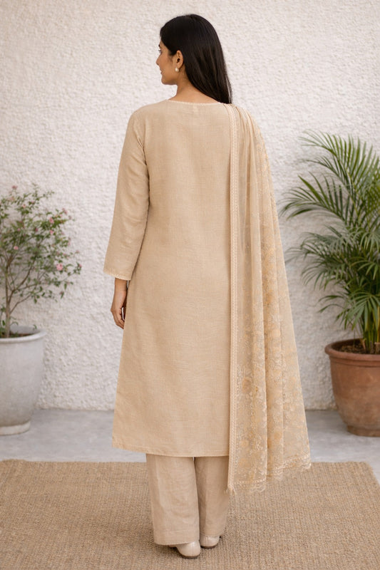 Unstitched Brown embroidered with artistic printed cotton suit set  with dupatta