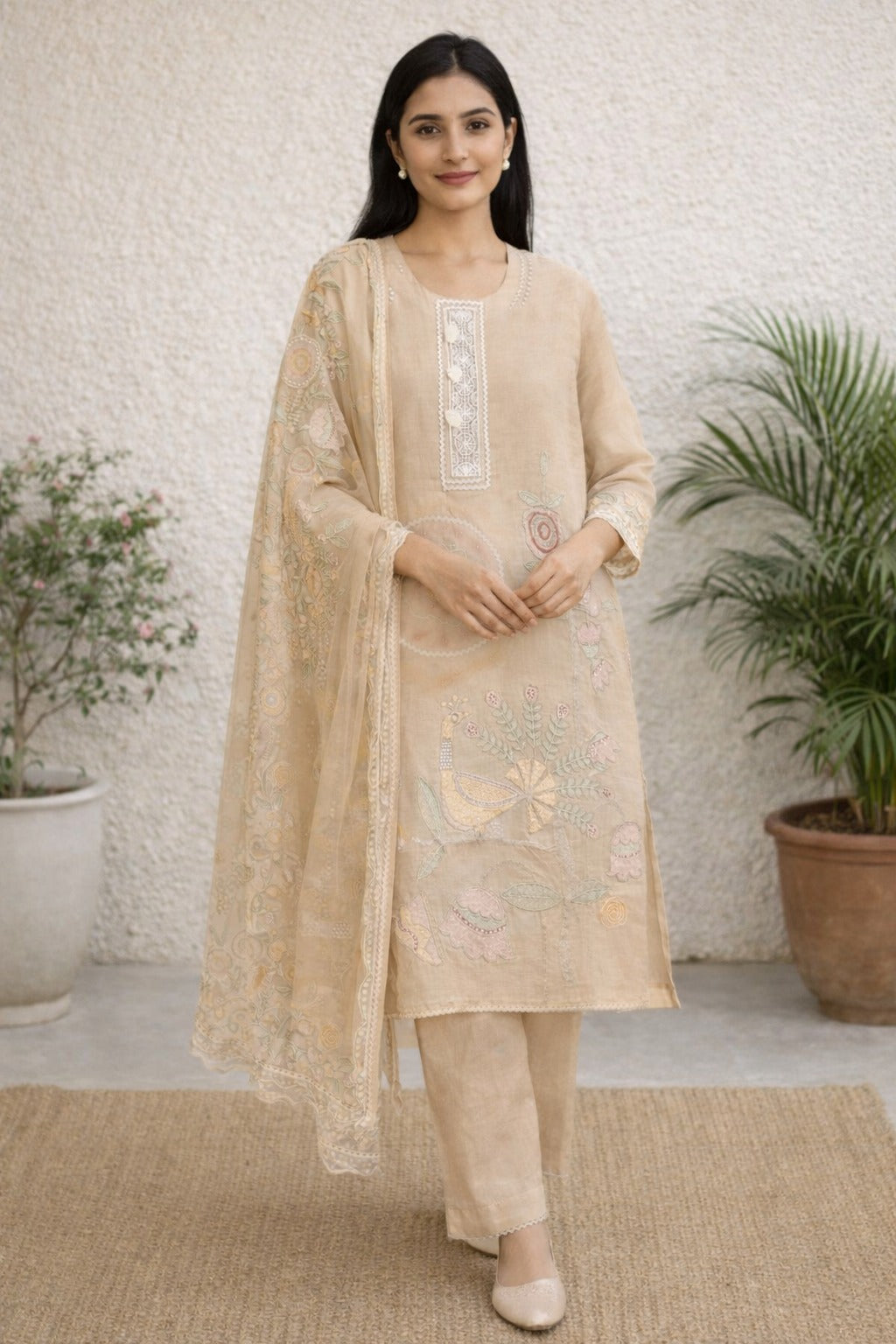 Unstitched Brown embroidered with artistic printed cotton suit set  with dupatta