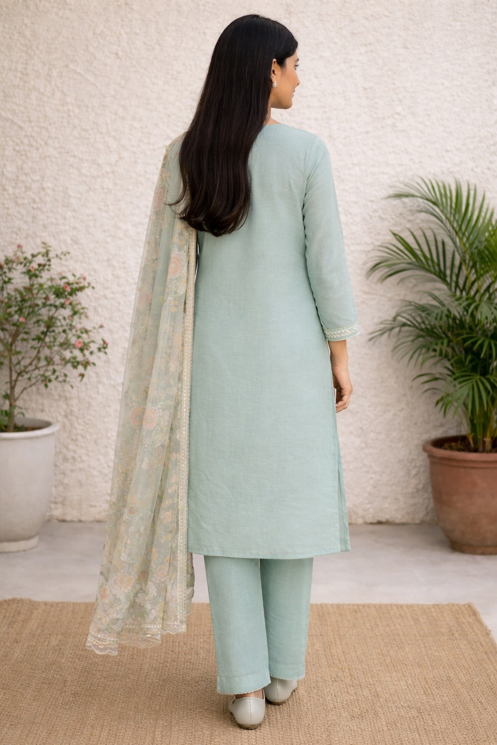 Unstitched Sea green embroidered with artistic printed cotton suit set  with dupatta