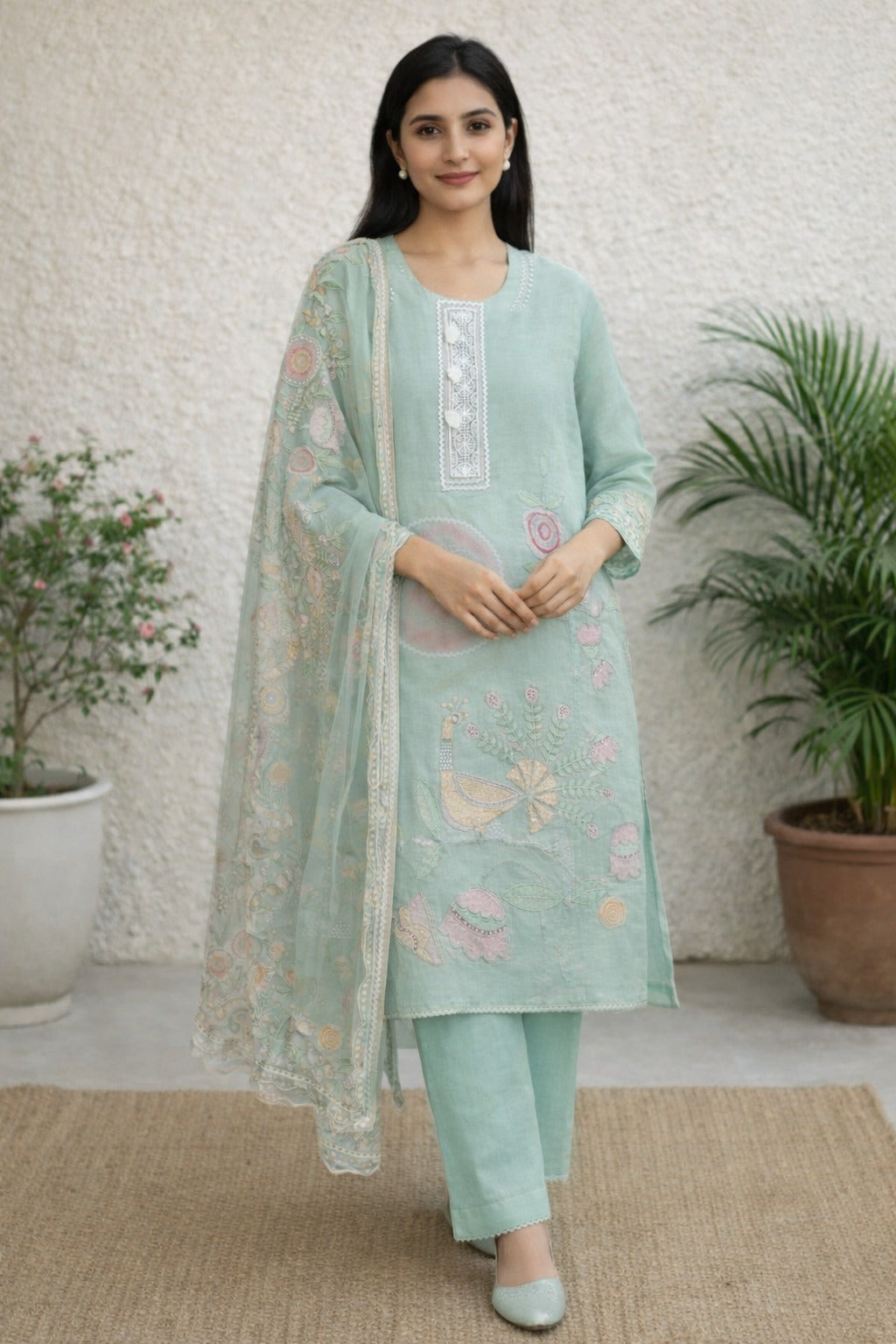 Unstitched Sea green embroidered with artistic printed cotton suit set  with dupatta