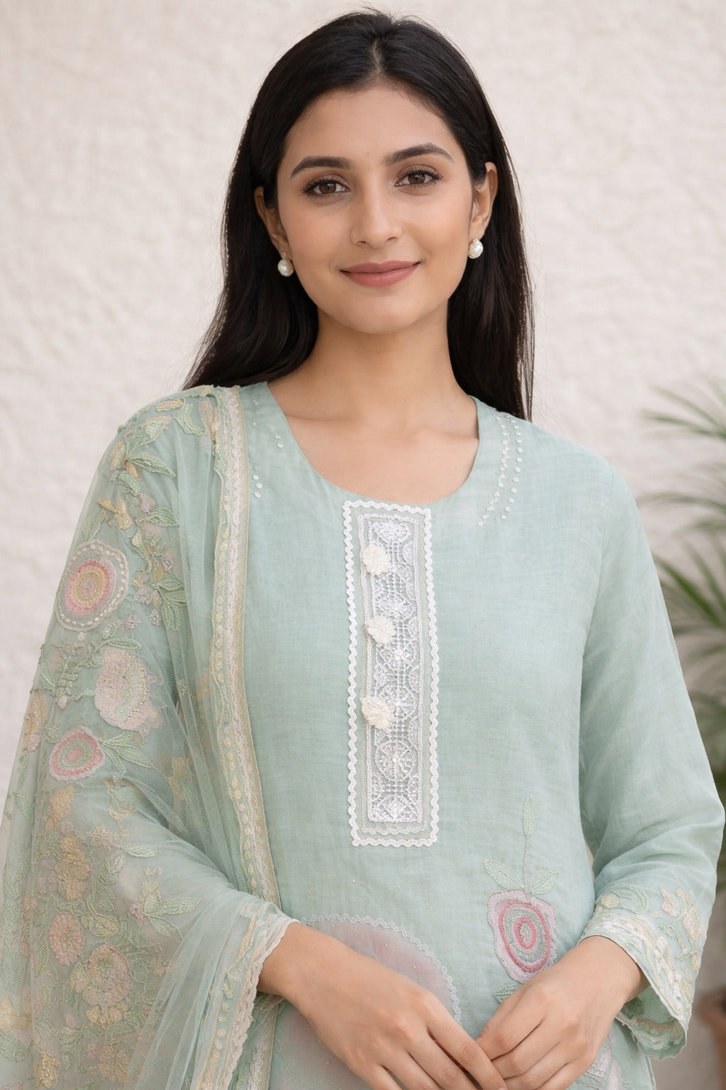 Unstitched Sea green embroidered with artistic printed cotton suit set  with dupatta