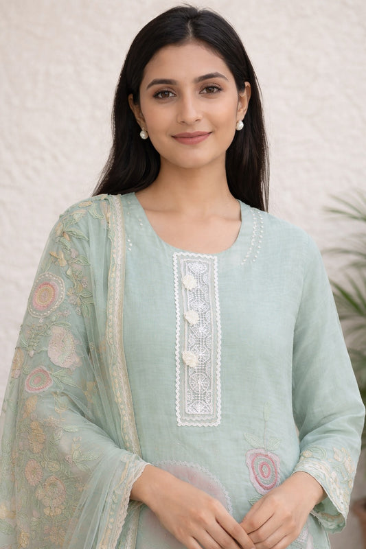 Unstitched Sea green embroidered with artistic printed cotton suit set  with dupatta