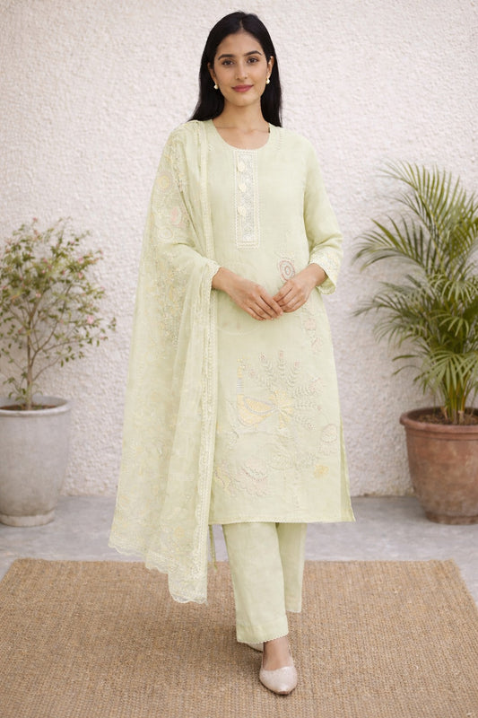 Unstitched light green embroidered with artistic printed cotton suit set  with dupatta