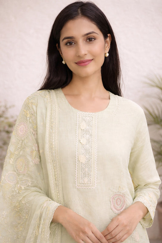 Unstitched light green embroidered with artistic printed cotton suit set  with dupatta