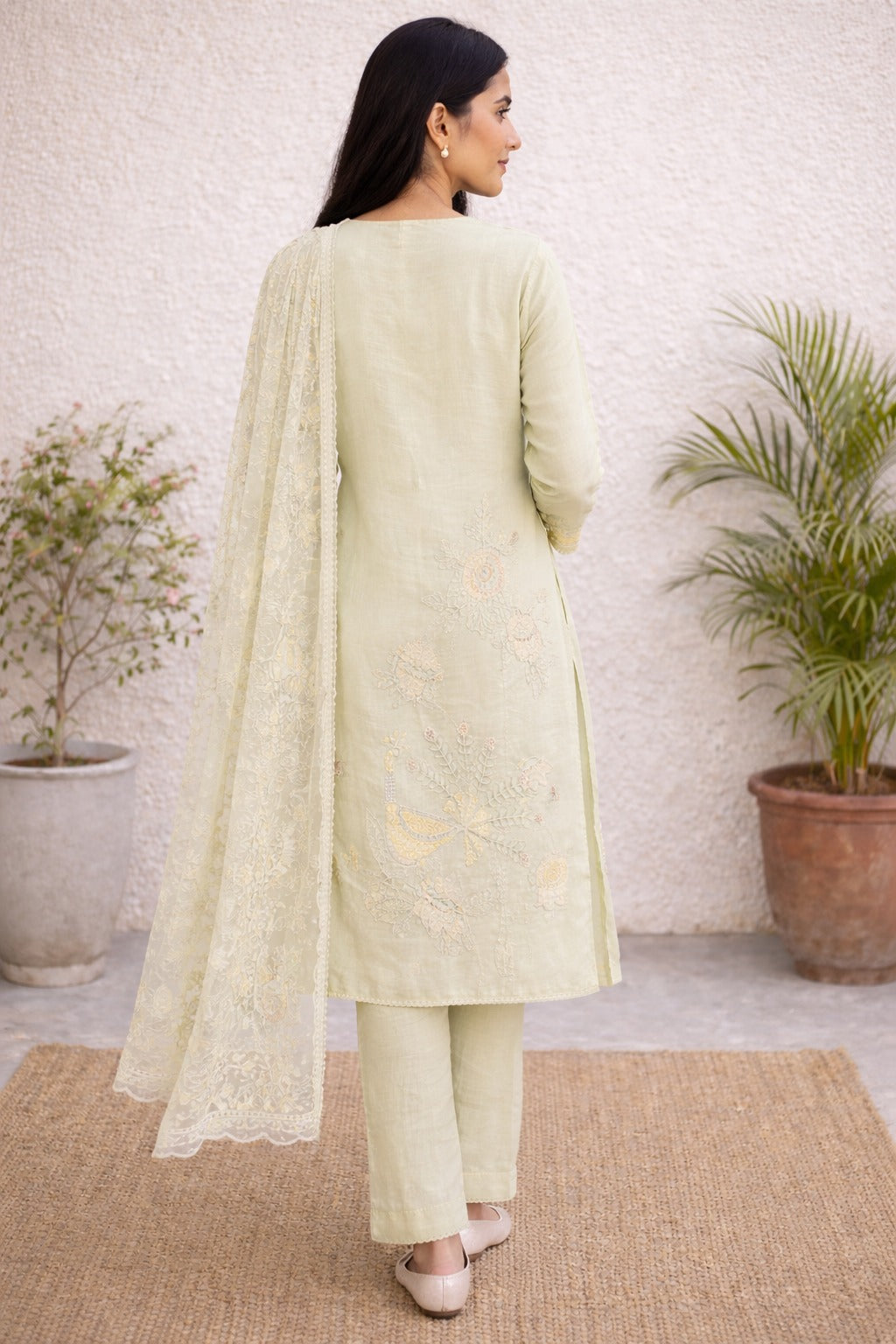 Unstitched light green embroidered with artistic printed cotton suit set  with dupatta