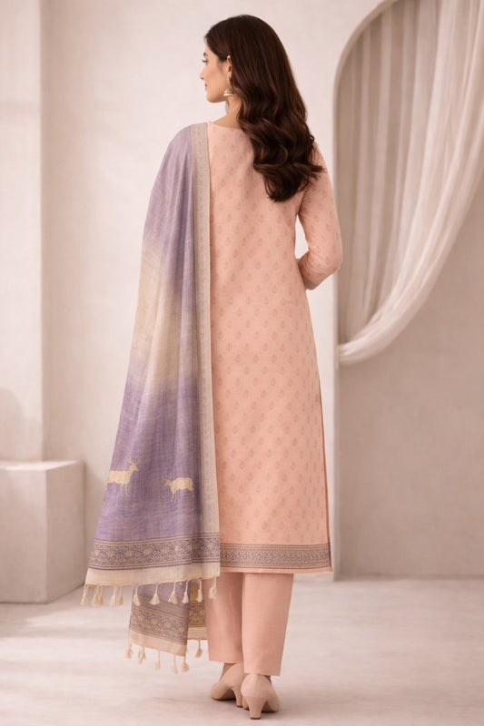 Unstitched offwhite with purple print cotton suit set with dupatta