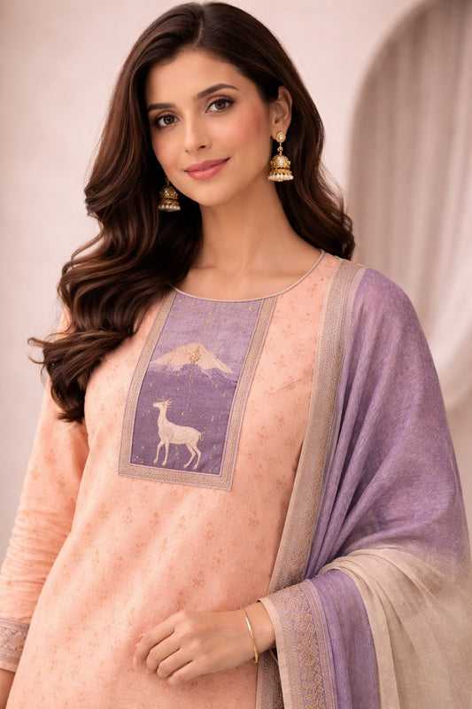 Unstitched offwhite with purple print cotton suit set with dupatta