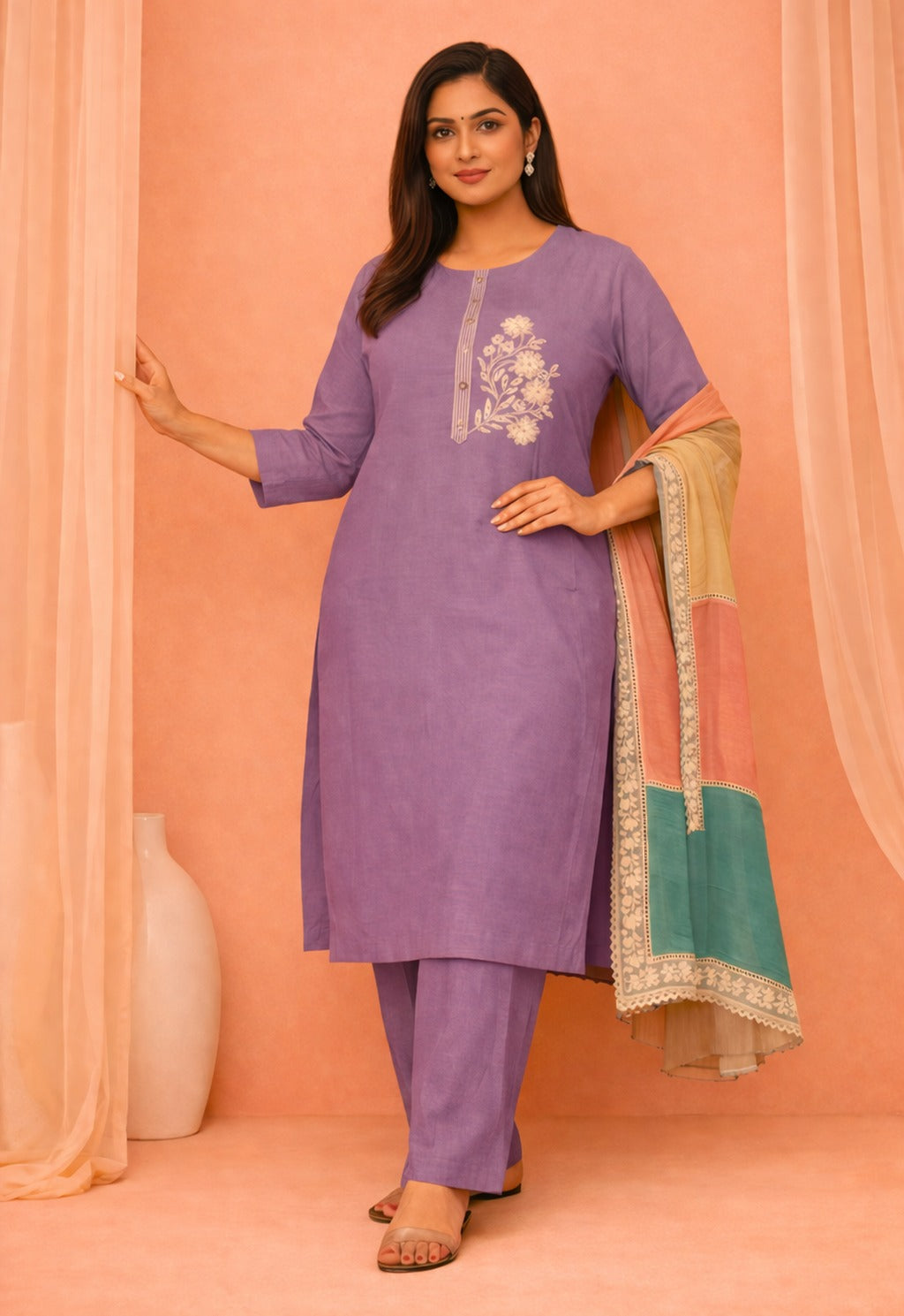 Unstitched purple embroidered cotton suit set with a contrasting dupatta