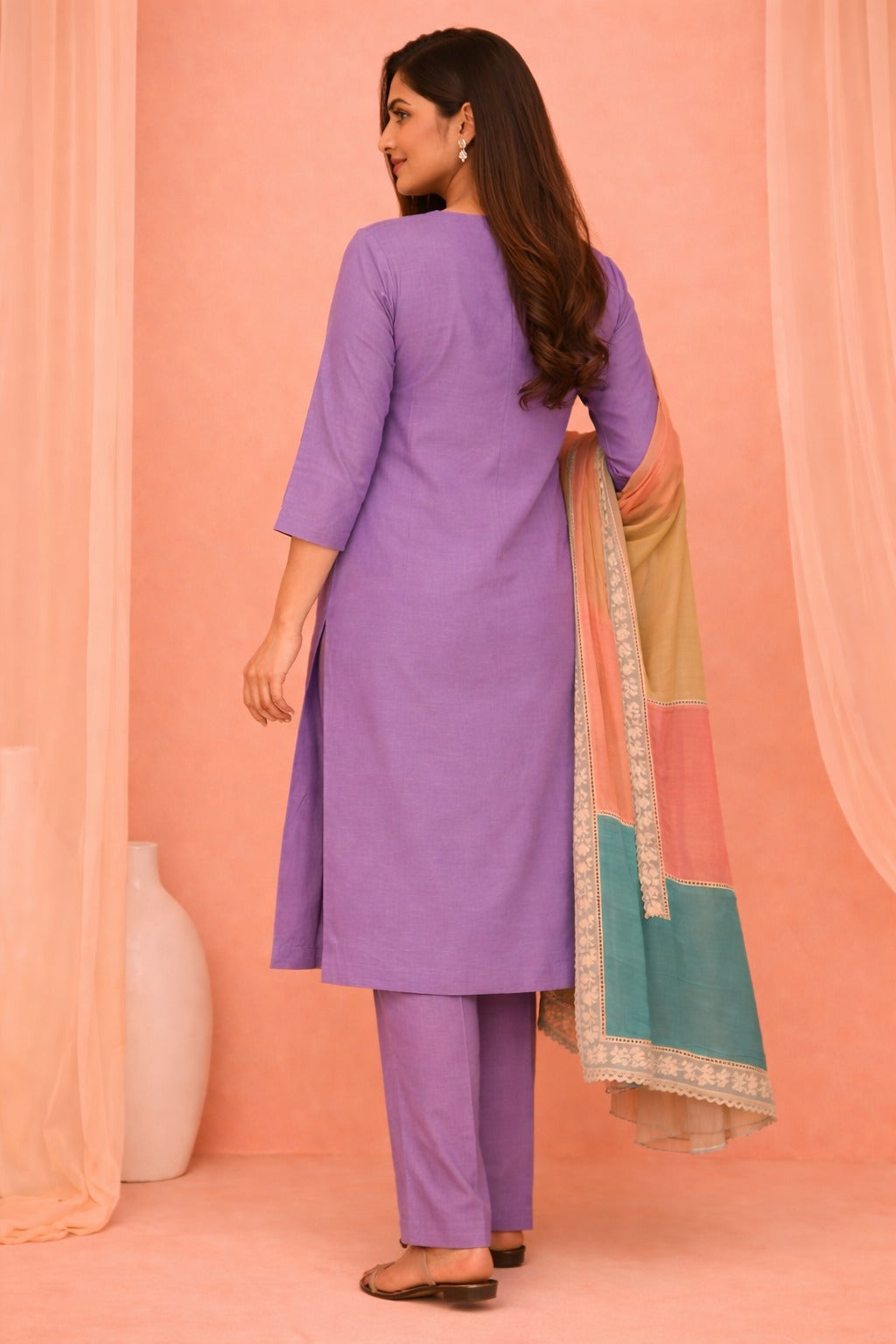 Unstitched purple embroidered cotton suit set with a contrasting dupatta
