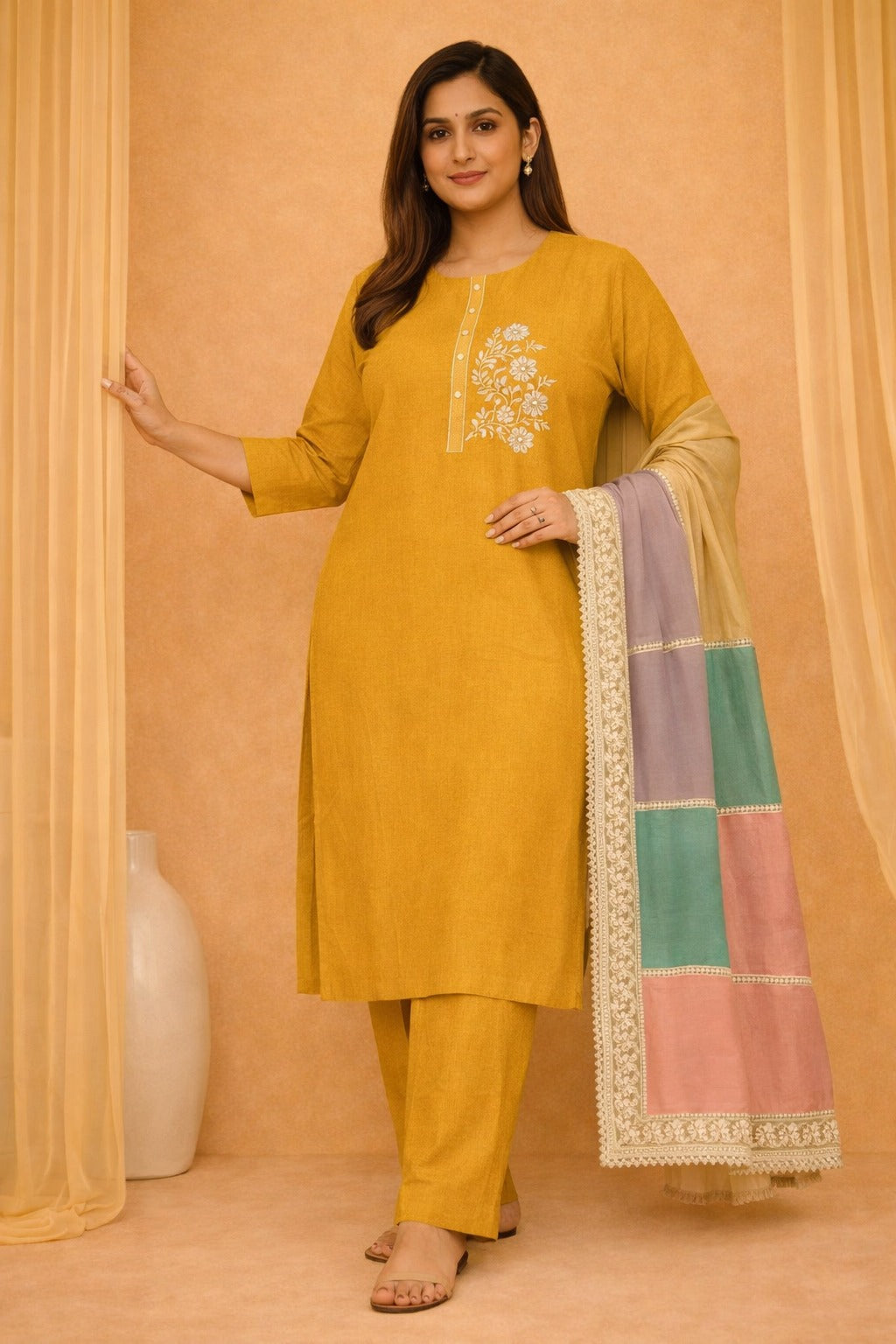 Unstitched mustard embroidered cotton suit set with a contrasting dupatta