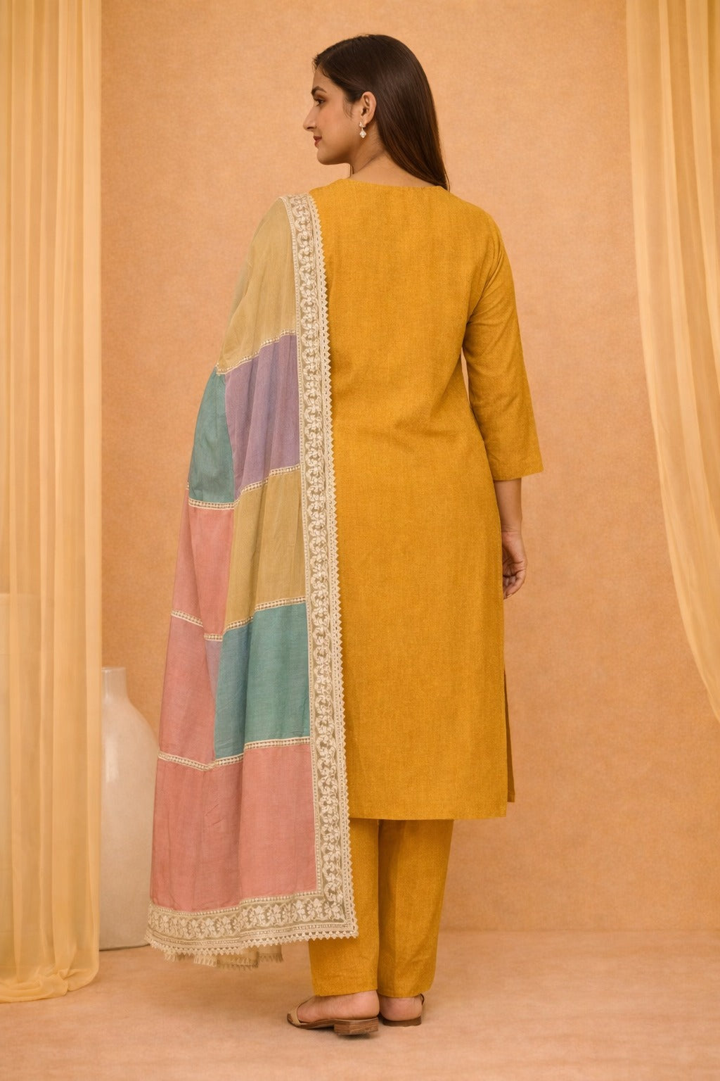 Unstitched mustard embroidered cotton suit set with a contrasting dupatta