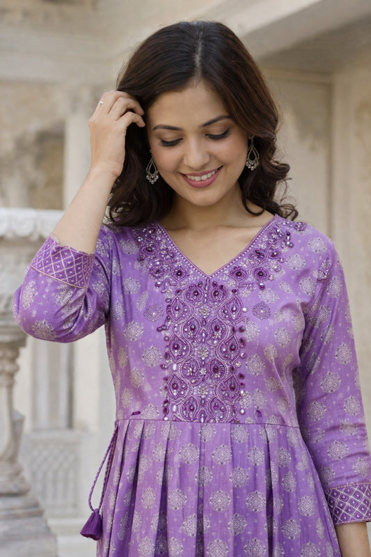 Lavender Cotton Bagru Handblock Kurta Set With Matching Dupatta
