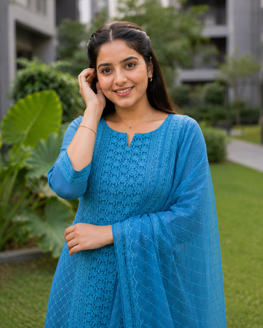 Blue Chikankari Embroidered Georgette Kurta Pant Set With Dupatta