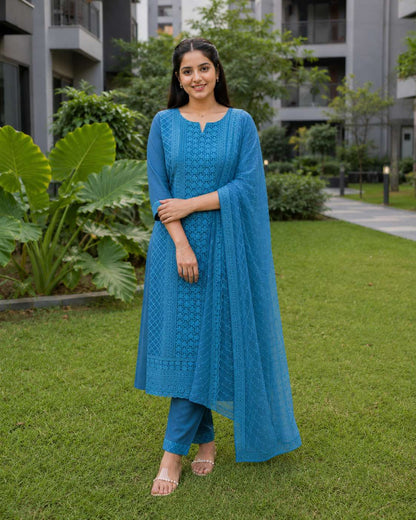 Blue Chikankari Embroidered Georgette Kurta Pant Set With Dupatta