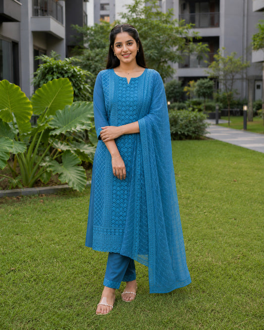 Blue Chikankari Embroidered Georgette Kurta Pant Set With Dupatta