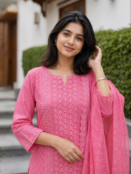 Pink Chikankari Embroidered Georgette Kurta Pant Set With Dupatta