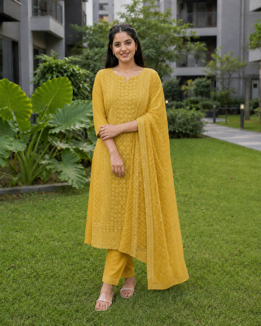 Mustard Chikankari Embroidered Georgette Kurta Pant Set With Dupatta
