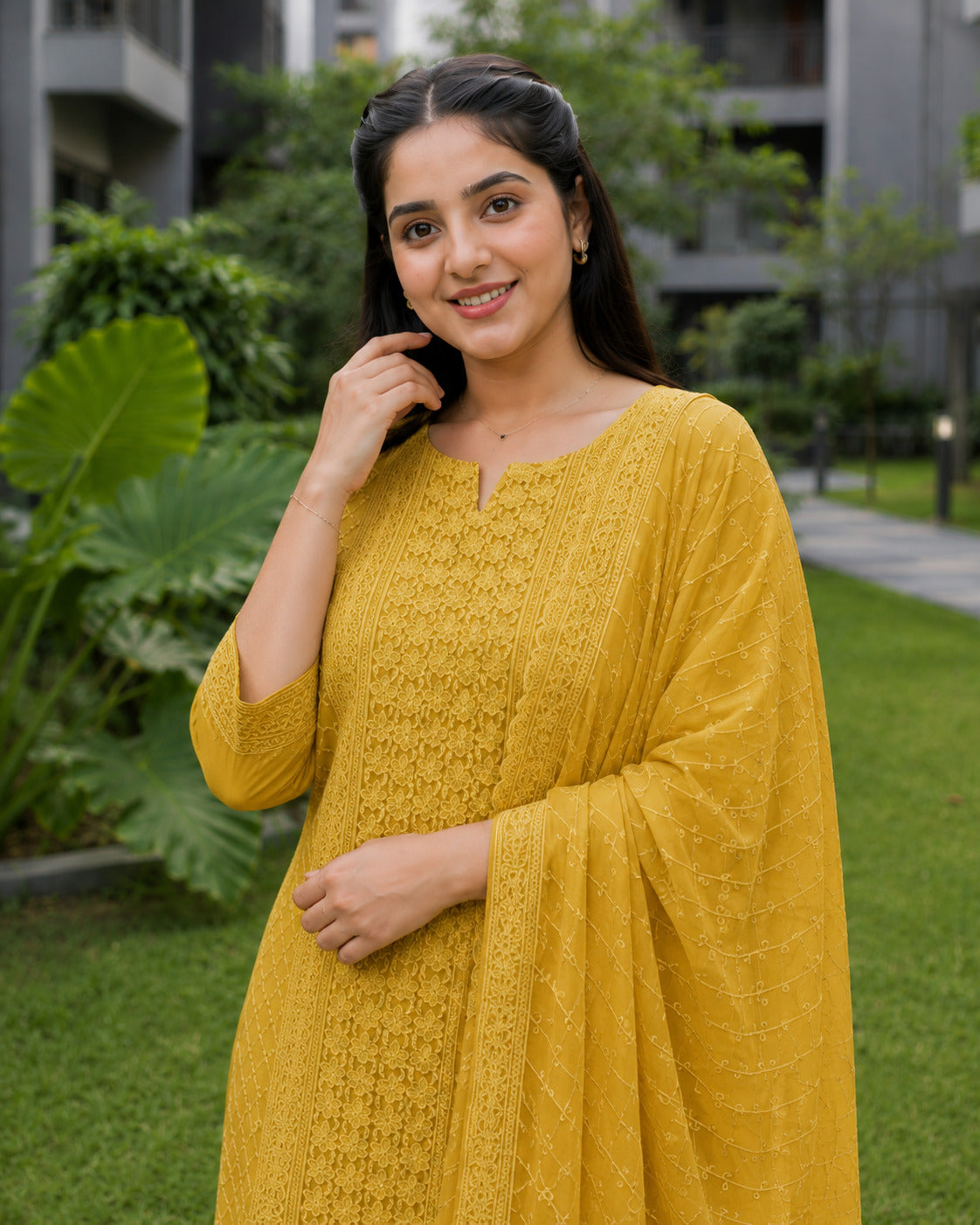 Mustard Chikankari Embroidered Georgette Kurta Pant Set With Dupatta