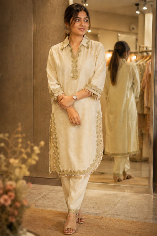 Ivory Khadi Cotton Embroidered Kurta Pant Set