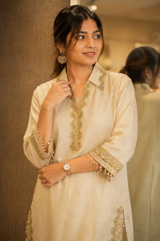 Ivory Khadi Cotton Embroidered Kurta Pant Set