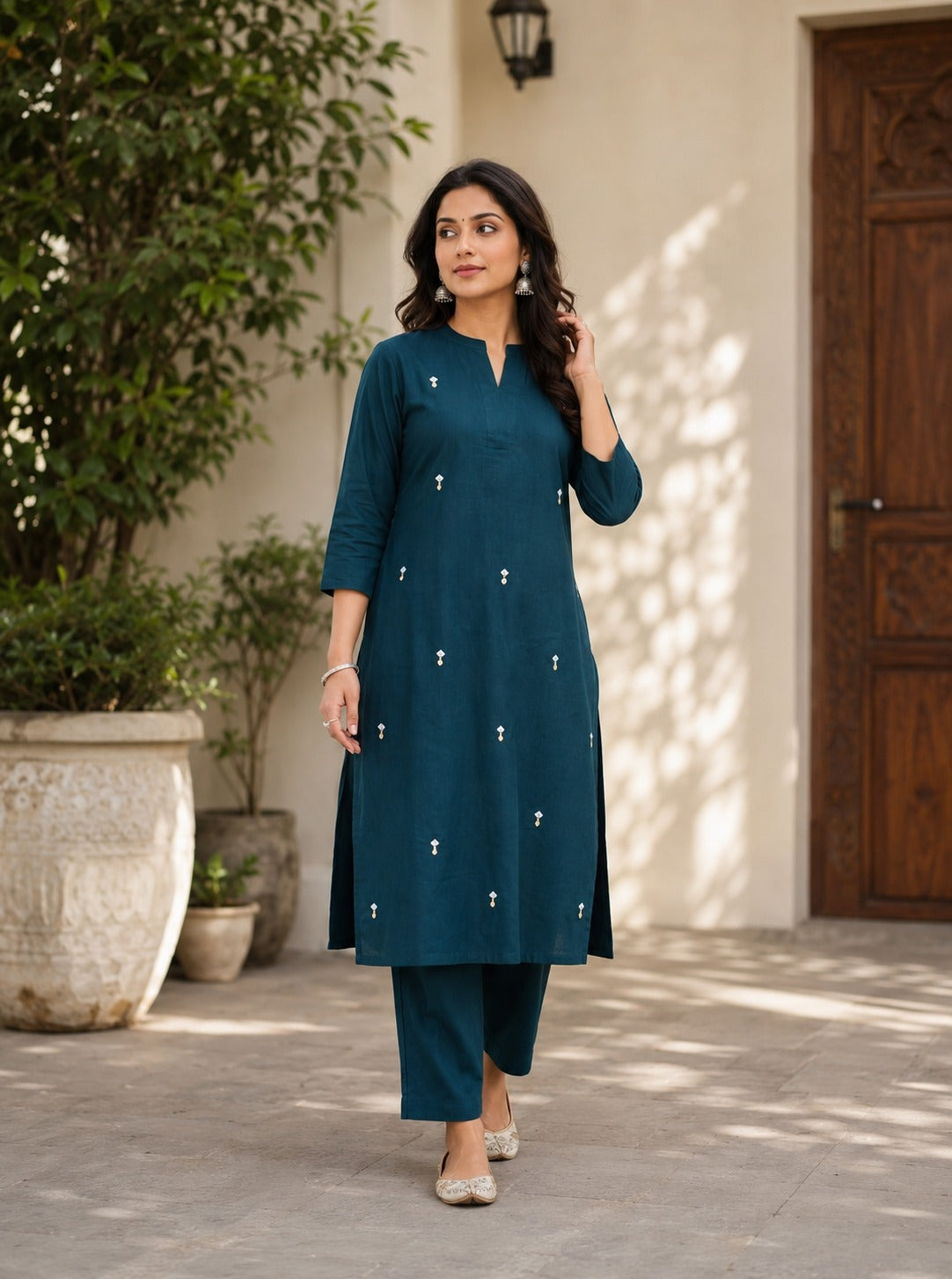 Navy Blue Pure Cambric Cotton Kurta Pant Set