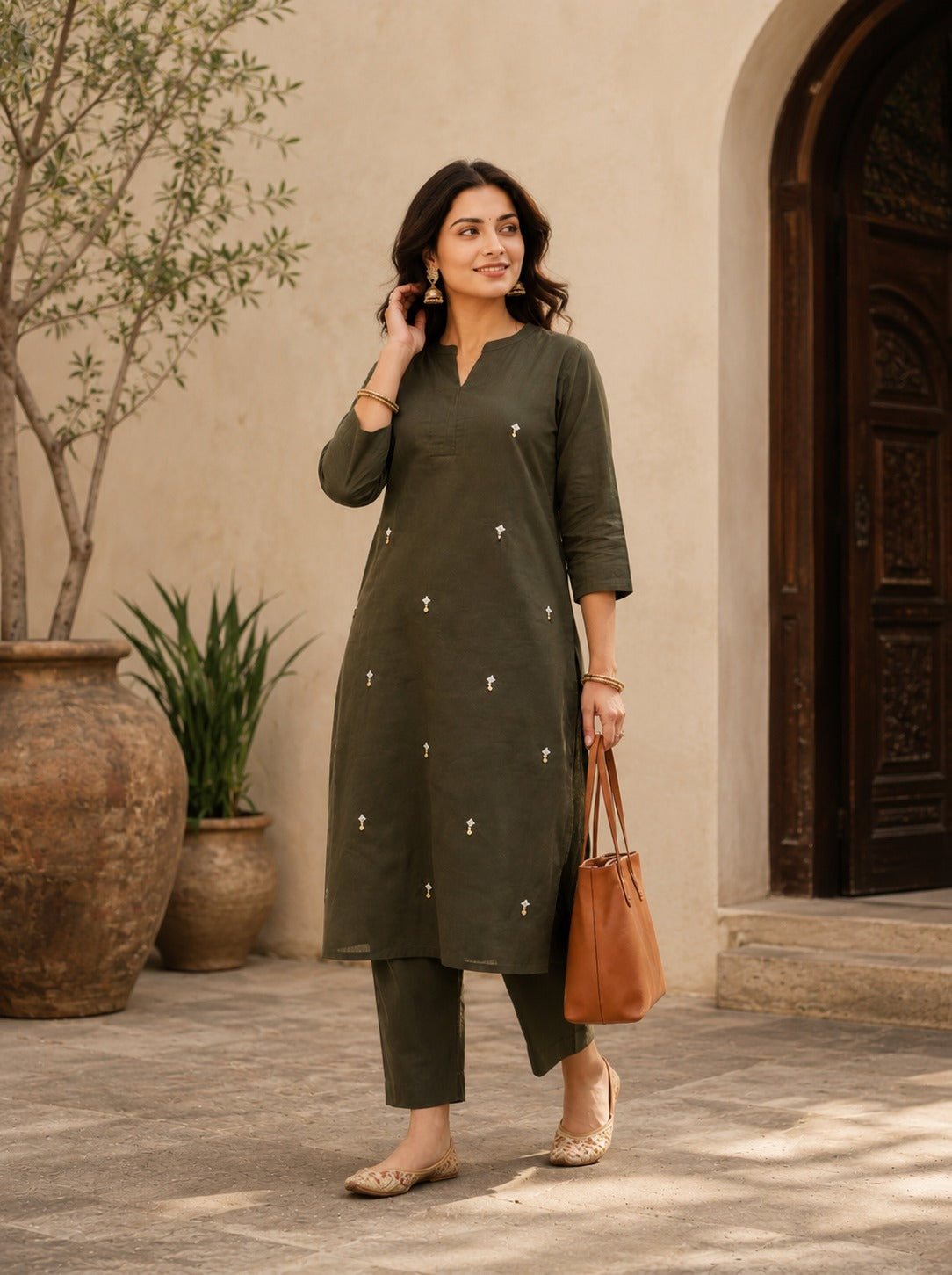 Military Green Pure Cambric Cotton Kurta Pant Set