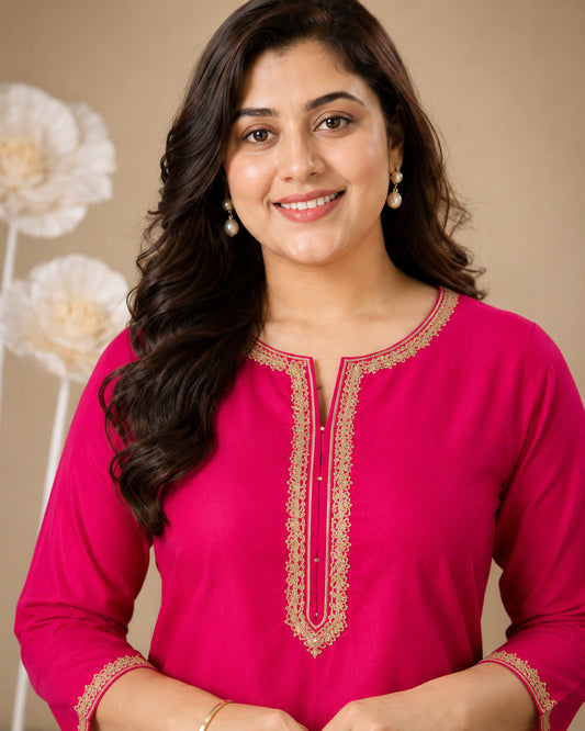 Rani Pink embroidered round neck silk kurta pant set