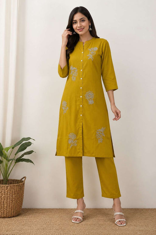 Mustard Floral Thread Embroidered Cotton Blend Kurta Pant Set