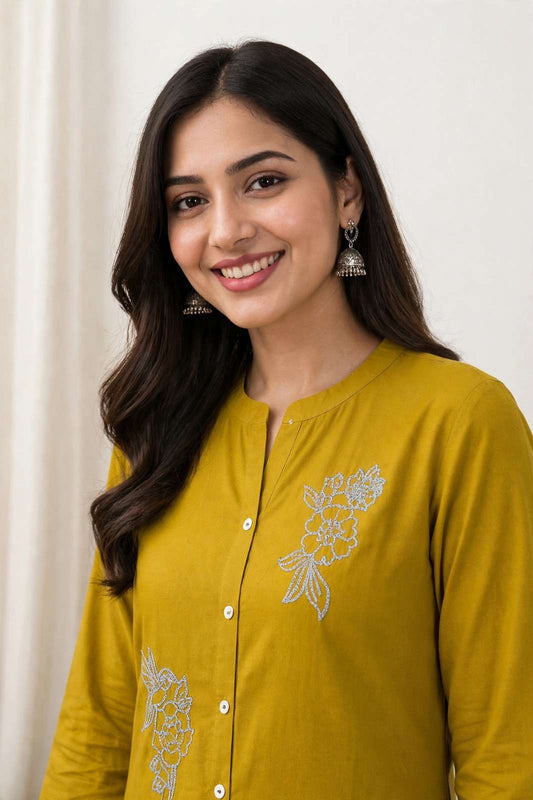 Mustard Floral Thread Embroidered Cotton Blend Kurta Pant Set