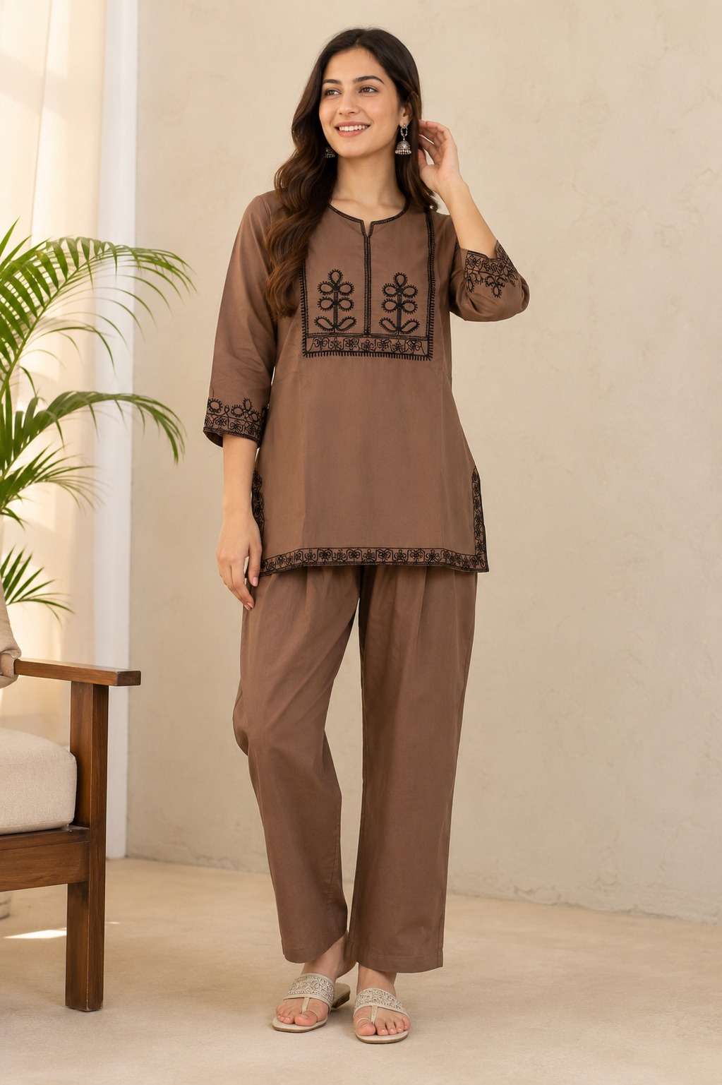 Taupe Thread Embroidered Cotton Blend Kurta Pant Set