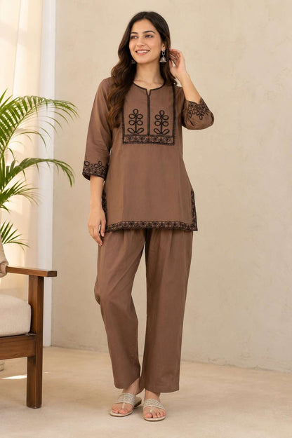 Taupe Thread Embroidered Cotton Blend Kurta Pant Set