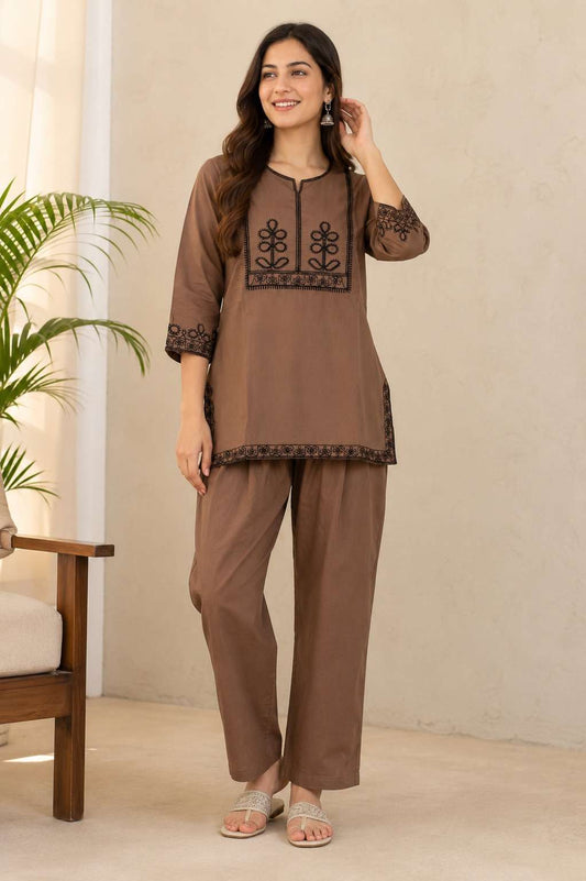 Taupe Thread Embroidered Cotton Blend Kurta Pant Set