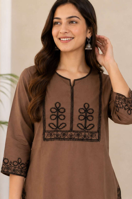 Taupe Thread Embroidered Cotton Blend Kurta Pant Set