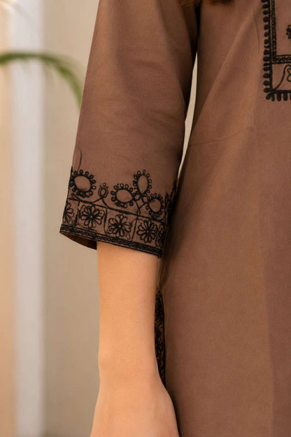 Taupe Thread Embroidered Cotton Blend Kurta Pant Set