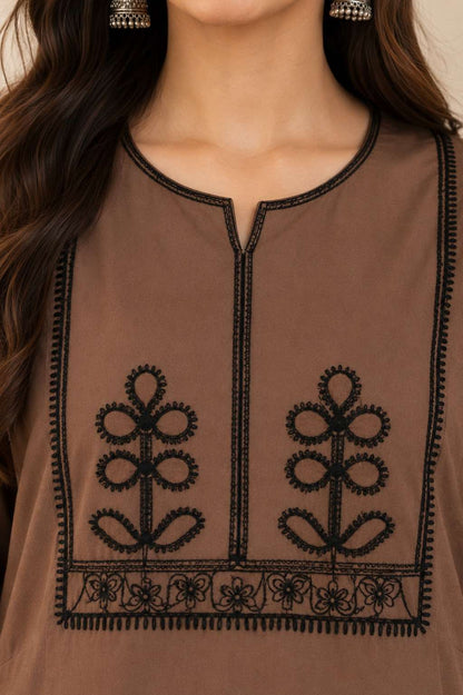Taupe Thread Embroidered Cotton Blend Kurta Pant Set