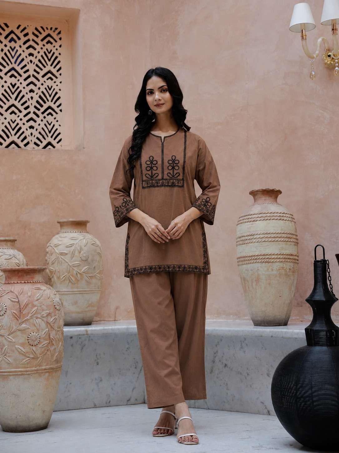 Taupe Thread Embroidered Cotton Blend Kurta Pant Set