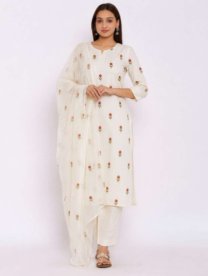 White Embroidered Cotton Blend Kurta Pant and Dupatta